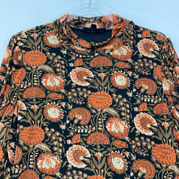 Jane and Delancey size XL Black Orange Floral Boho Mesh Stretch Mock Neck Top - Picture 3 of 11